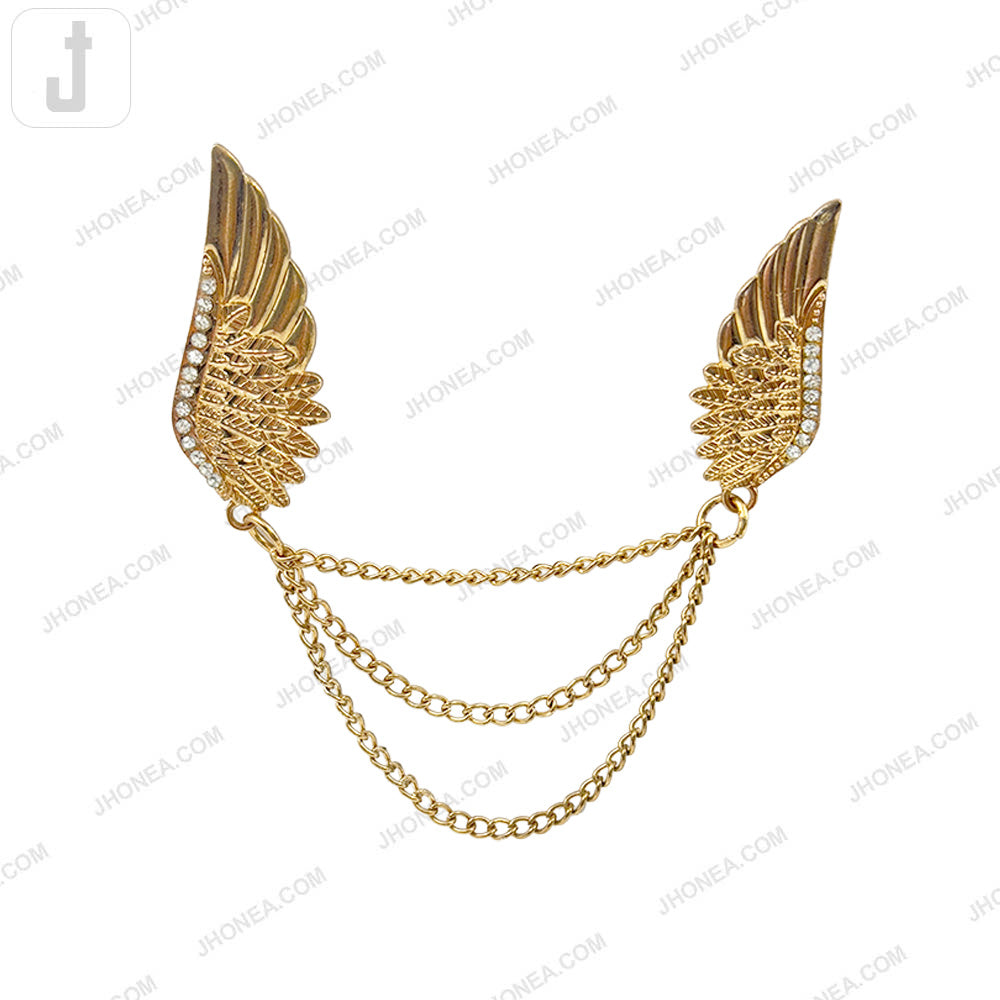 Elegant Triple Chain Hanging Wing Brooch in Golden Color