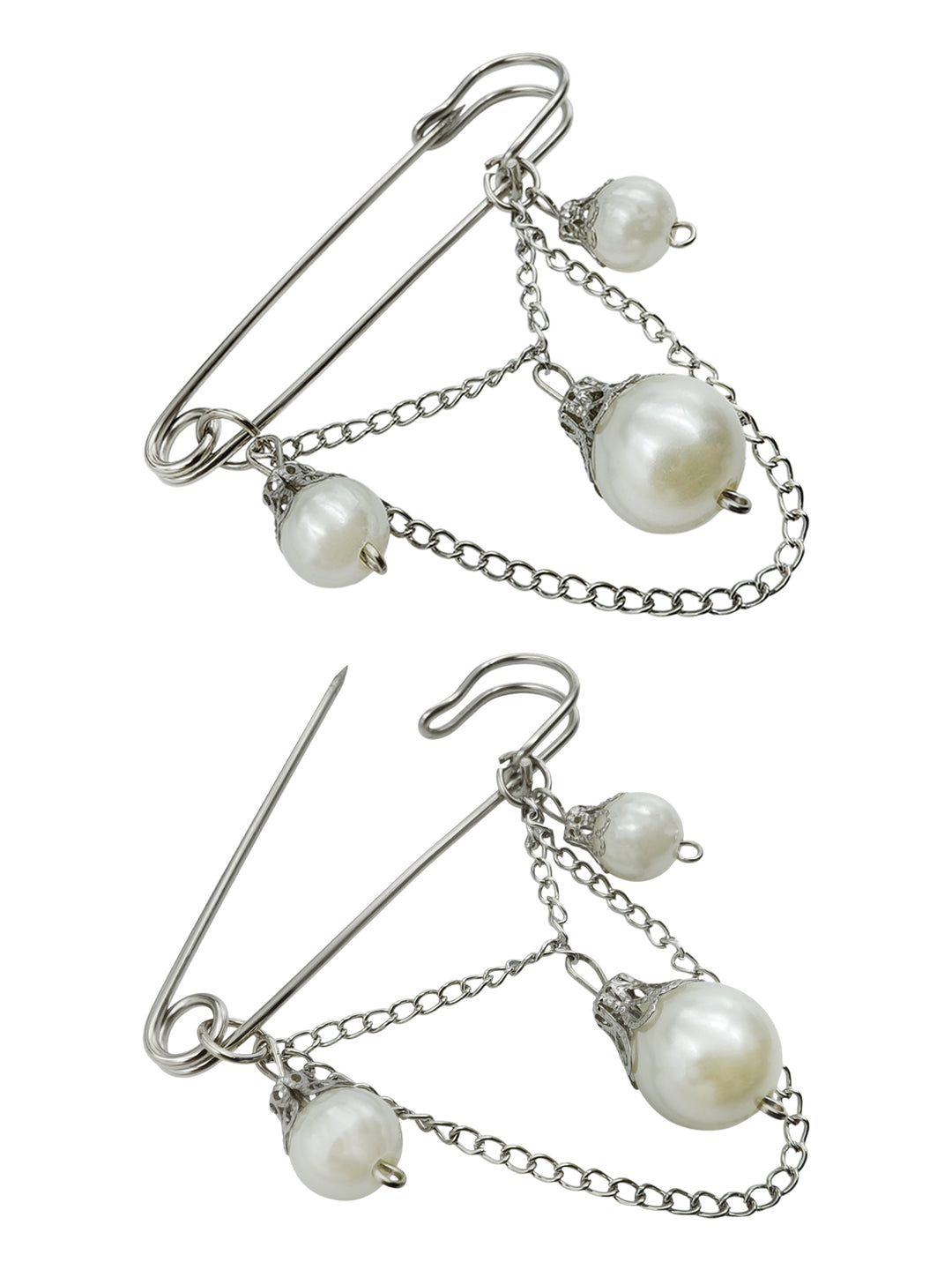 Elegant Silver Finish Pearl Drop Chain Brooch Pin