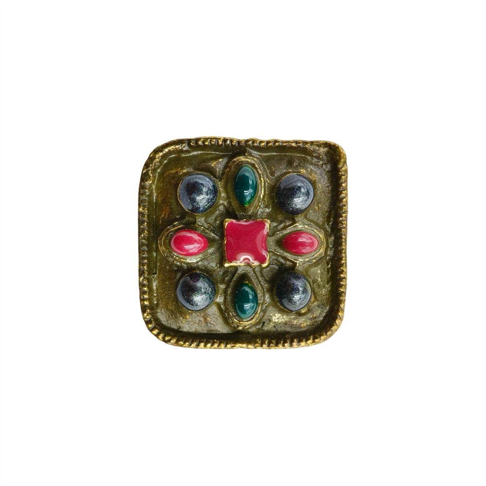 Vintage Ornate Brass Finish Square Metal Buttons with Enamel Inlay