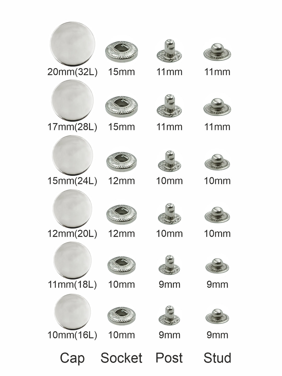 Standard-Quality Shiny Silver 4-Part Metal Snap Buttons for Leather, Jackets, DIY