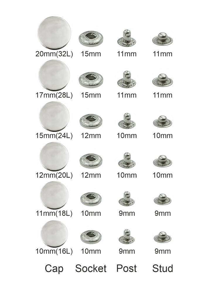Standard-Quality Shiny Silver 4-Part Metal Snap Buttons for Leather, Jackets, DIY