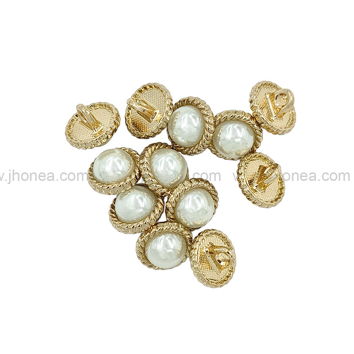 Shiny Gold Round Shape Engraved Rim Pearl Metal Button