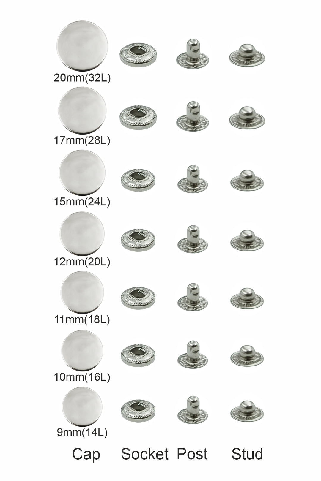 Standard Quality Assorted Metal Snap Buttons 4-Part Snap Fastener Sets