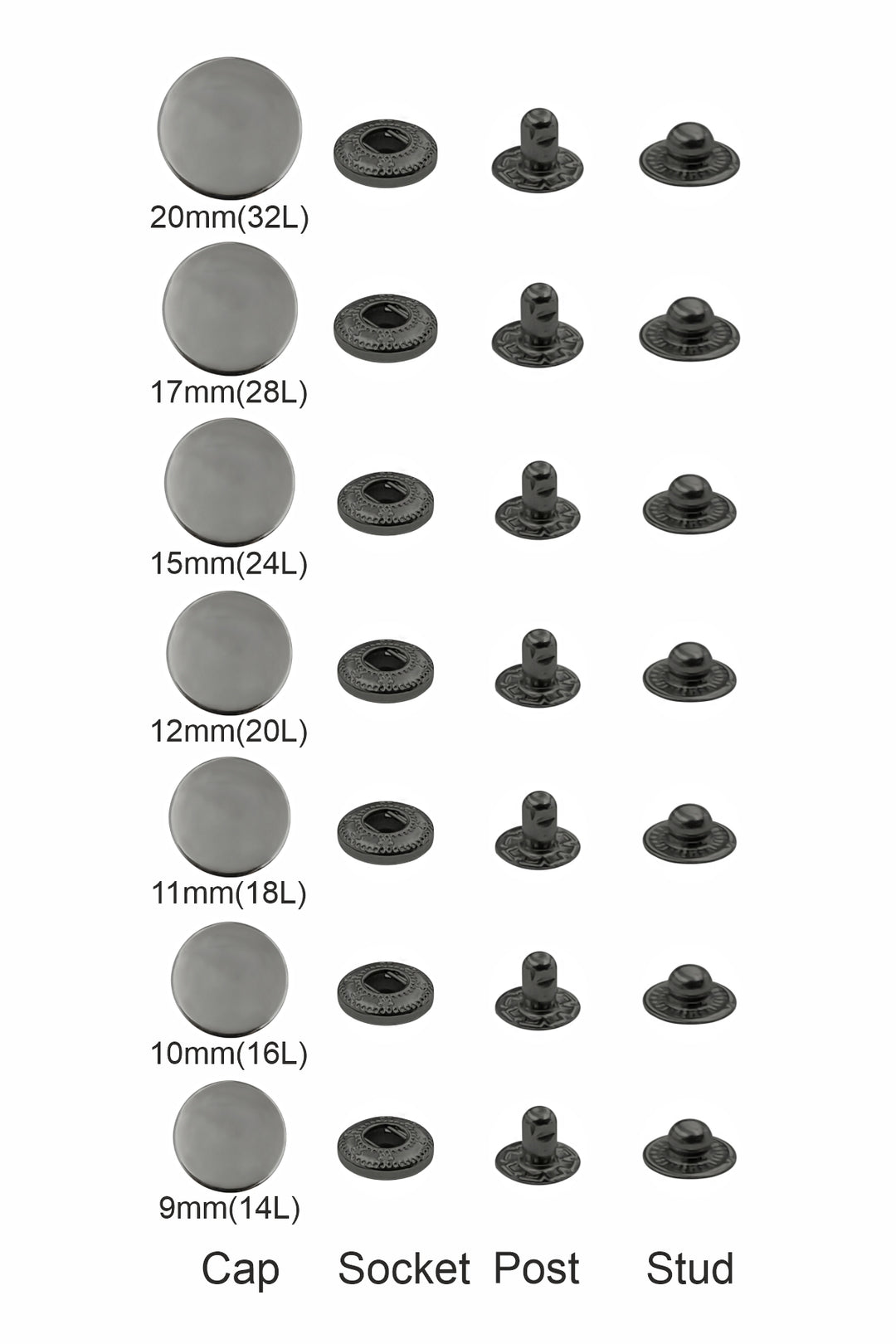 Standard Quality Assorted Metal Snap Buttons 4-Part Snap Fastener Sets