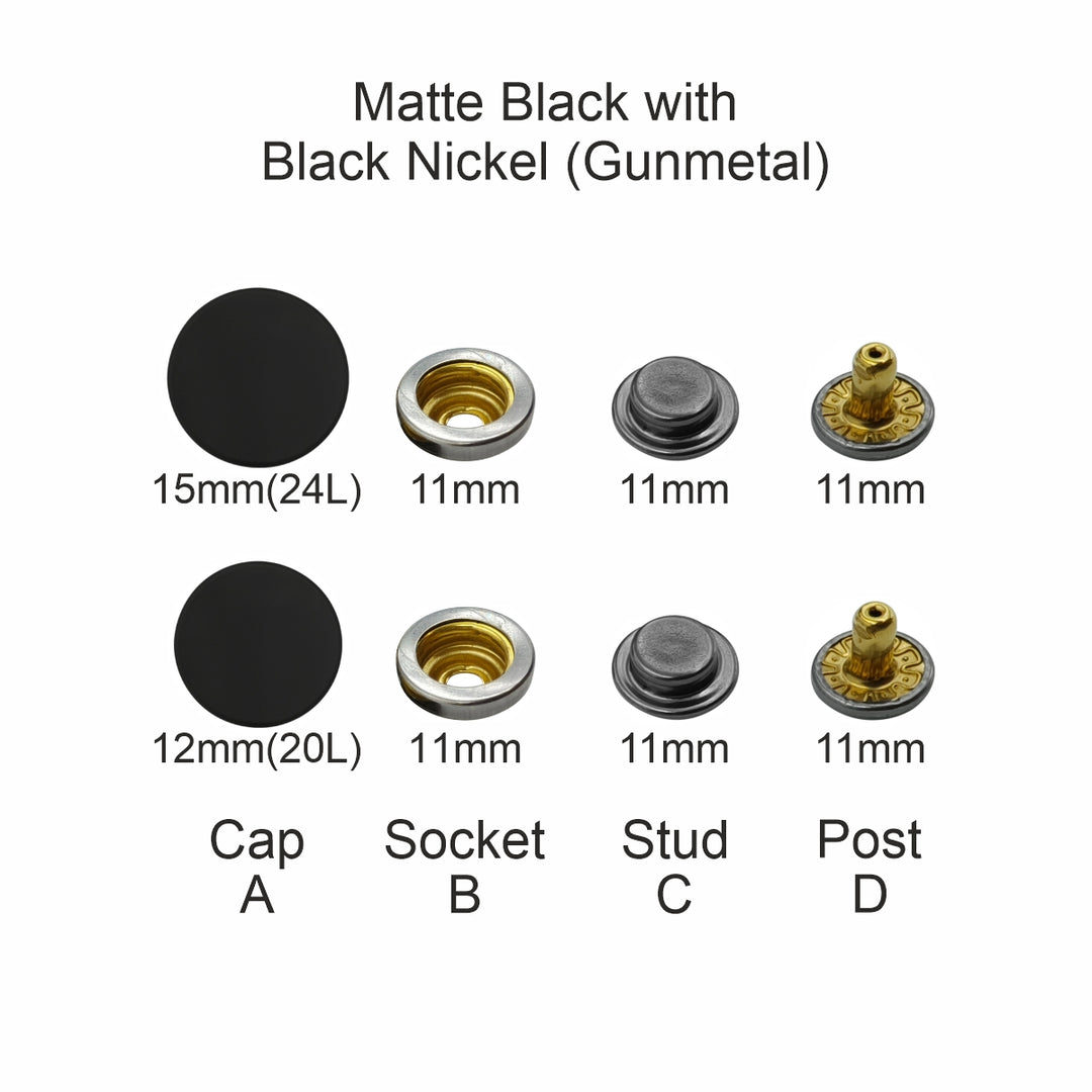 Matte Black 4-Part Press Snap Buttons Fasteners Set for Garments/Leather Accessories