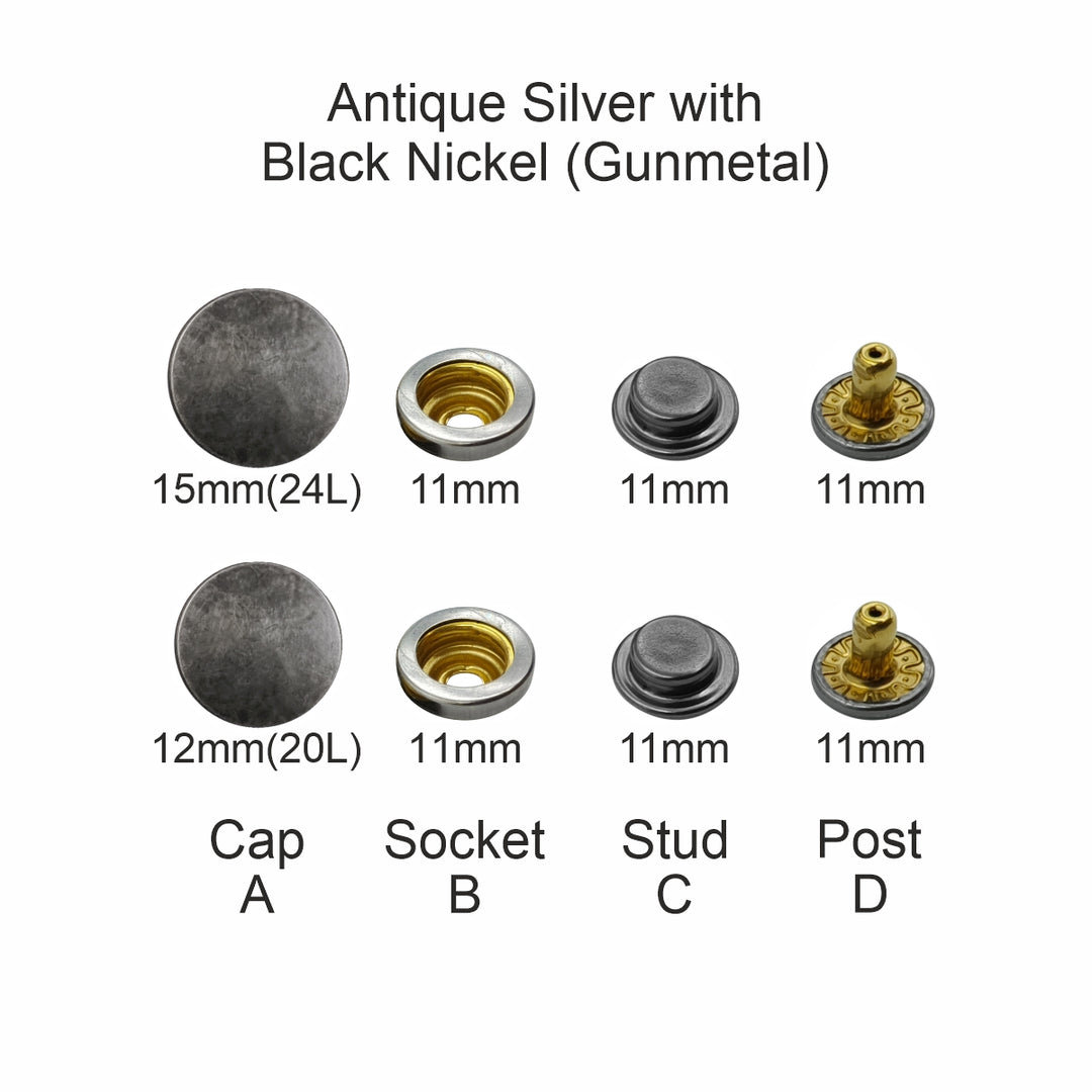 Vintage Antique Silver 4-Part Press Snap Buttons Fasteners Set for Garments/Leather Accessories