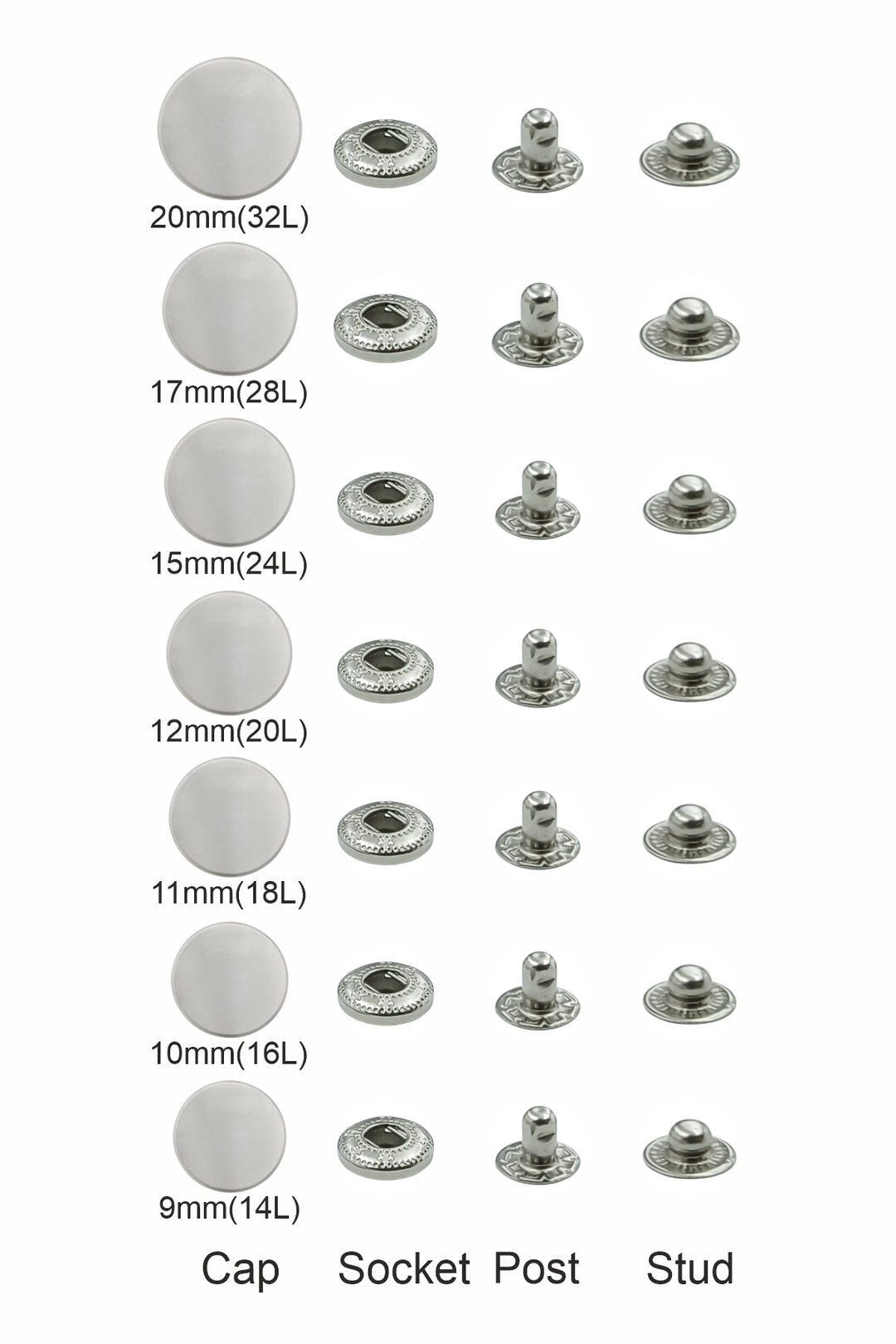Standard Quality Assorted Metal Snap Buttons 4-Part Snap Fastener Sets