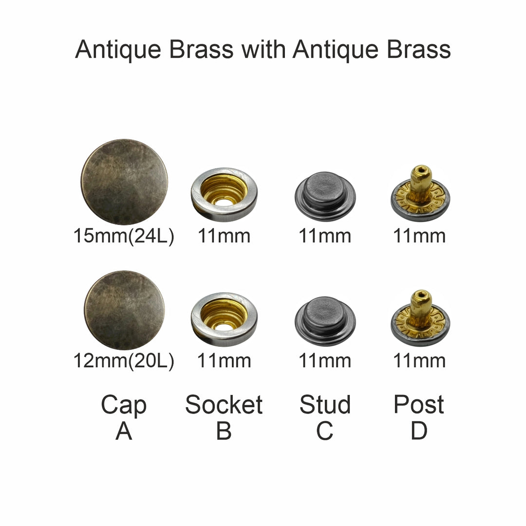 Vintage Antique Brass 4-Part Press Snap Buttons Fasteners Set for Garments/Leather Accessories