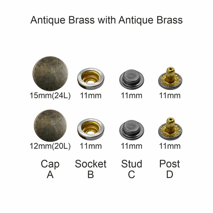 Vintage Antique Brass 4-Part Press Snap Buttons Fasteners Set for Garments/Leather Accessories