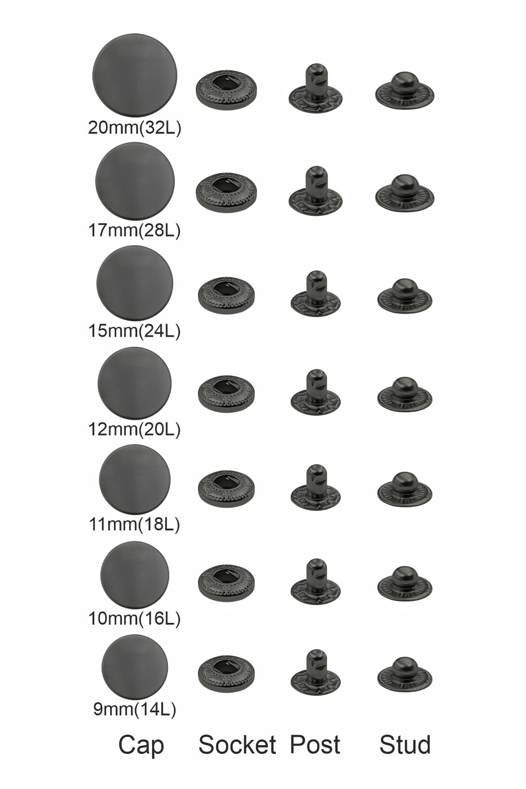 Standard Quality Assorted Metal Snap Buttons 4-Part Snap Fastener Sets