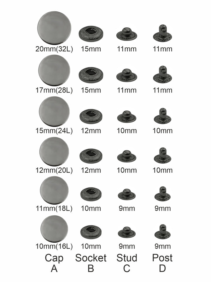 Standard-Quality Gunmetal 4-Part Metal Snap Buttons for Leather, Jackets, DIY