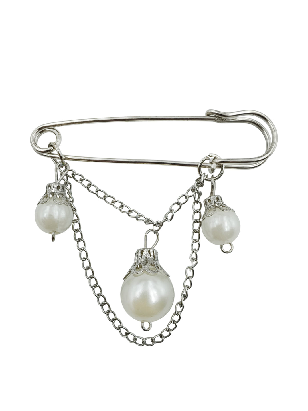 Elegant Silver Finish Pearl Drop Chain Brooch Pin