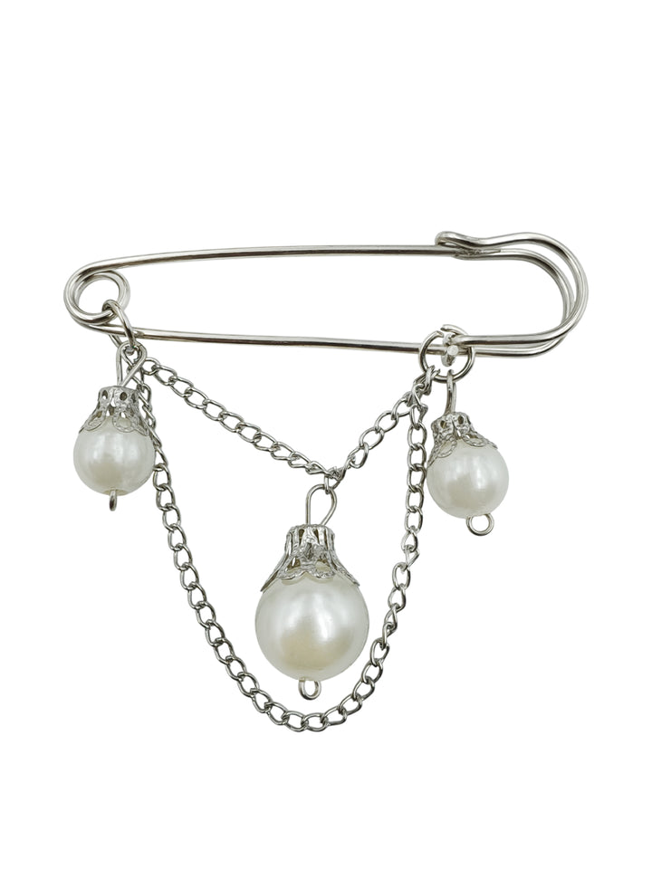 Elegant Silver Finish Pearl Drop Chain Brooch Pin