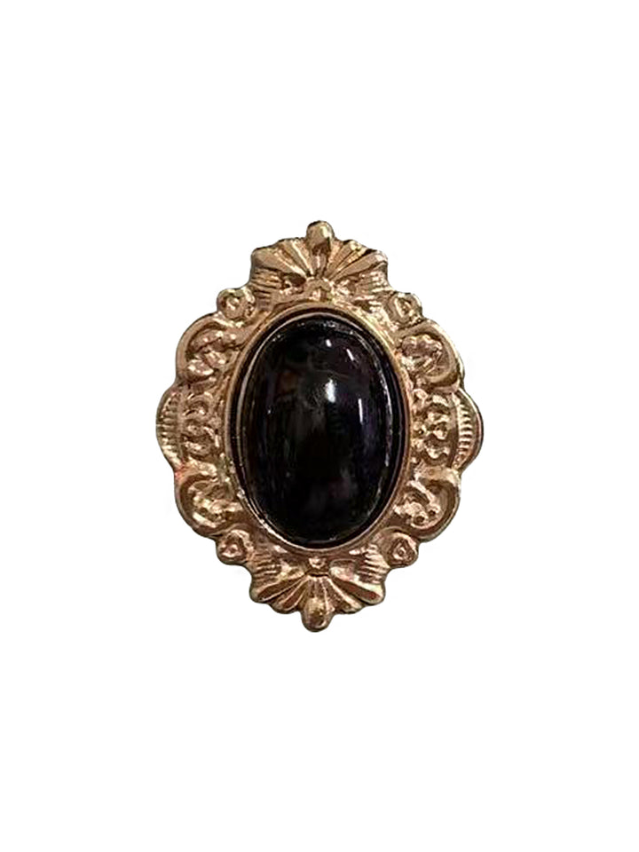 Vintage Shiny Gold Engraved Frame with Black Beaded Brooch Pin