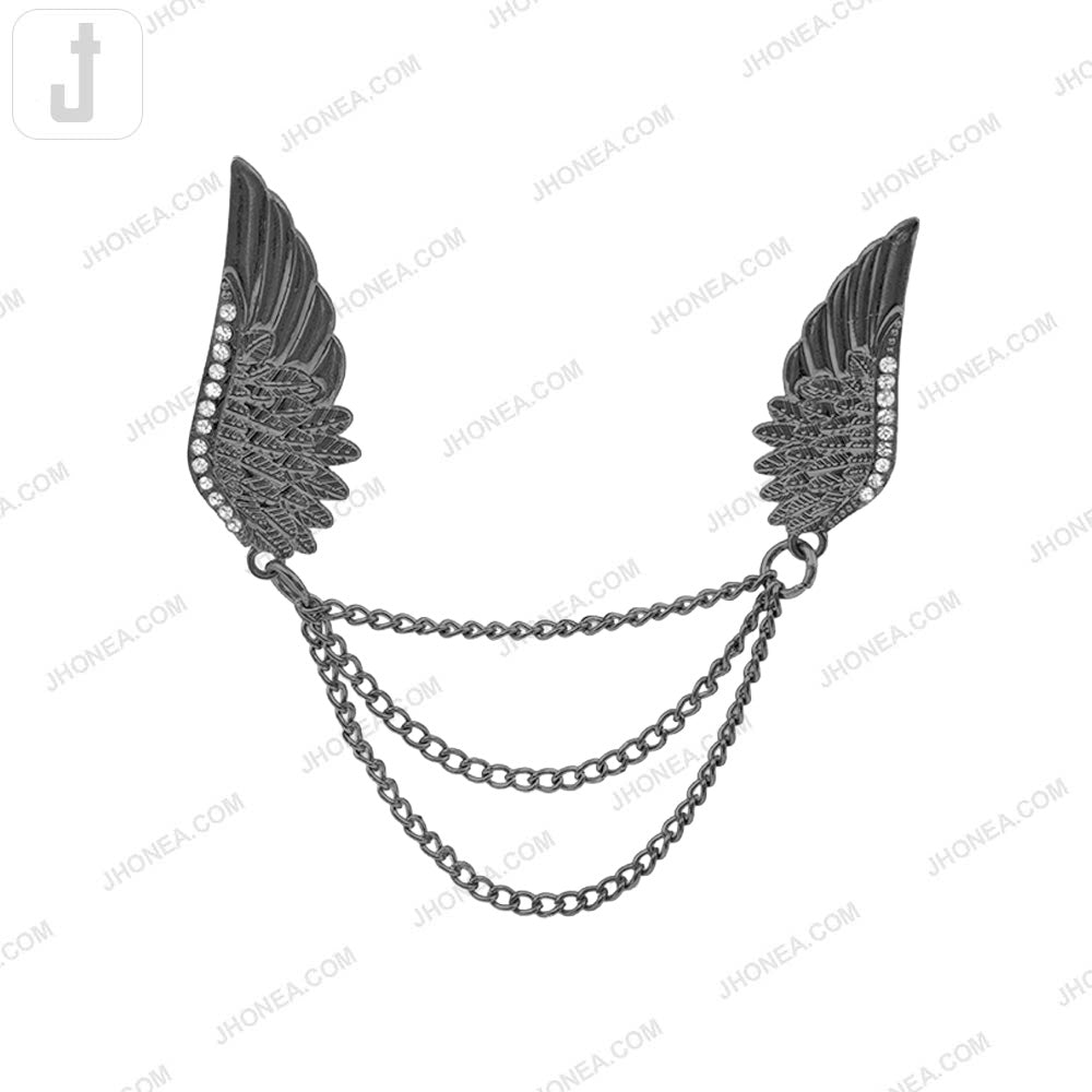 Elegant Triple Chain Hanging Wing Brooch in Black Nickel Gunmetal Color
