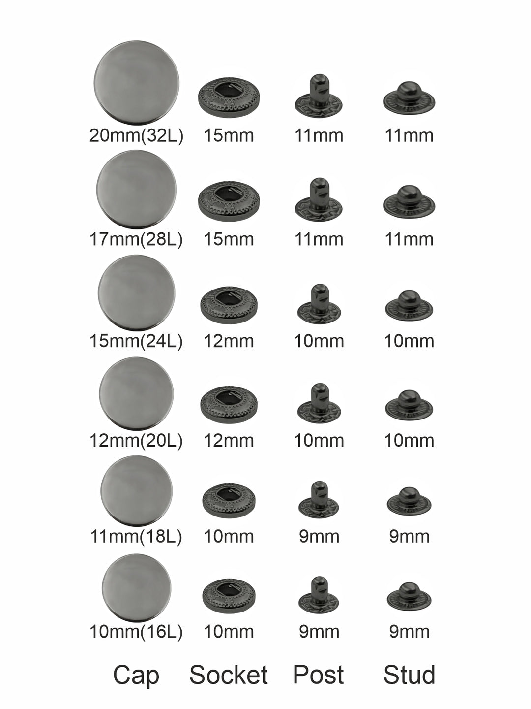Standard-Quality Gunmetal 4-Part Metal Snap Buttons for Leather, Jackets, DIY
