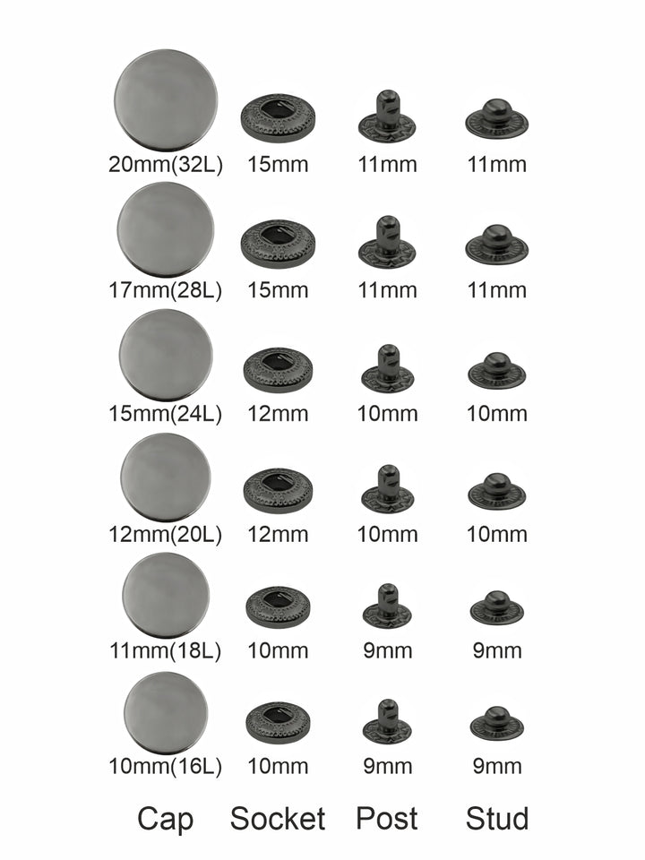 Standard-Quality Gunmetal 4-Part Metal Snap Buttons for Leather, Jackets, DIY