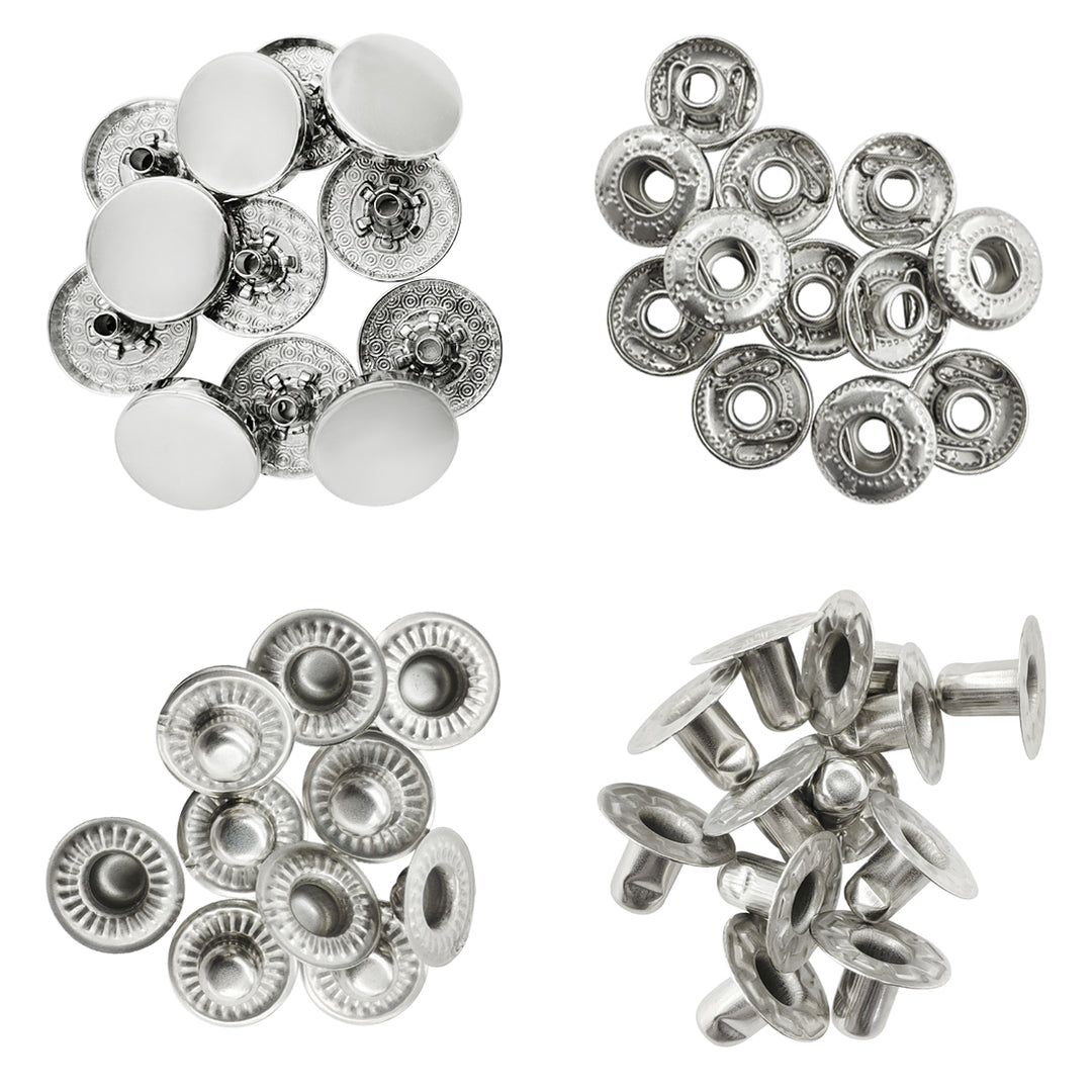 Standard-Quality Shiny Silver 4-Part Metal Snap Buttons for Leather, Jackets, DIY
