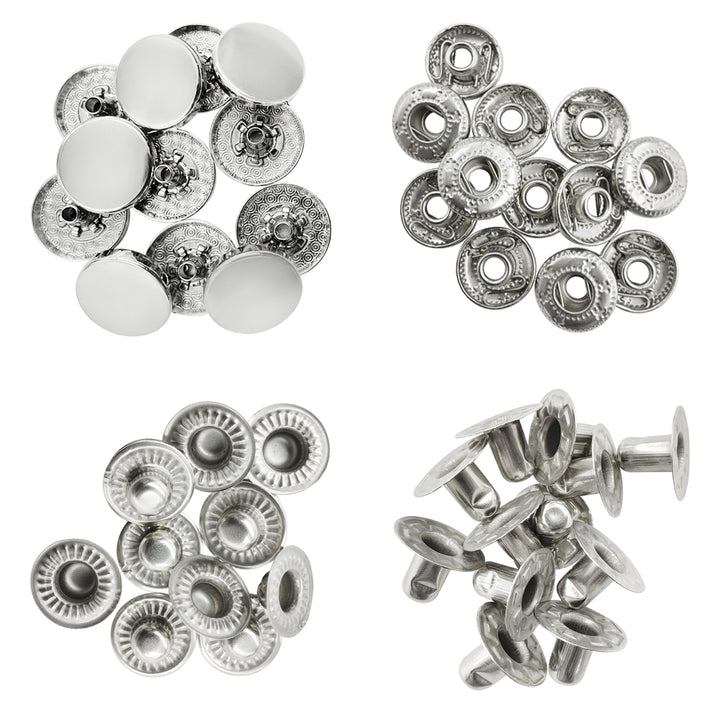 Standard-Quality Shiny Silver 4-Part Metal Snap Buttons for Leather, Jackets, DIY