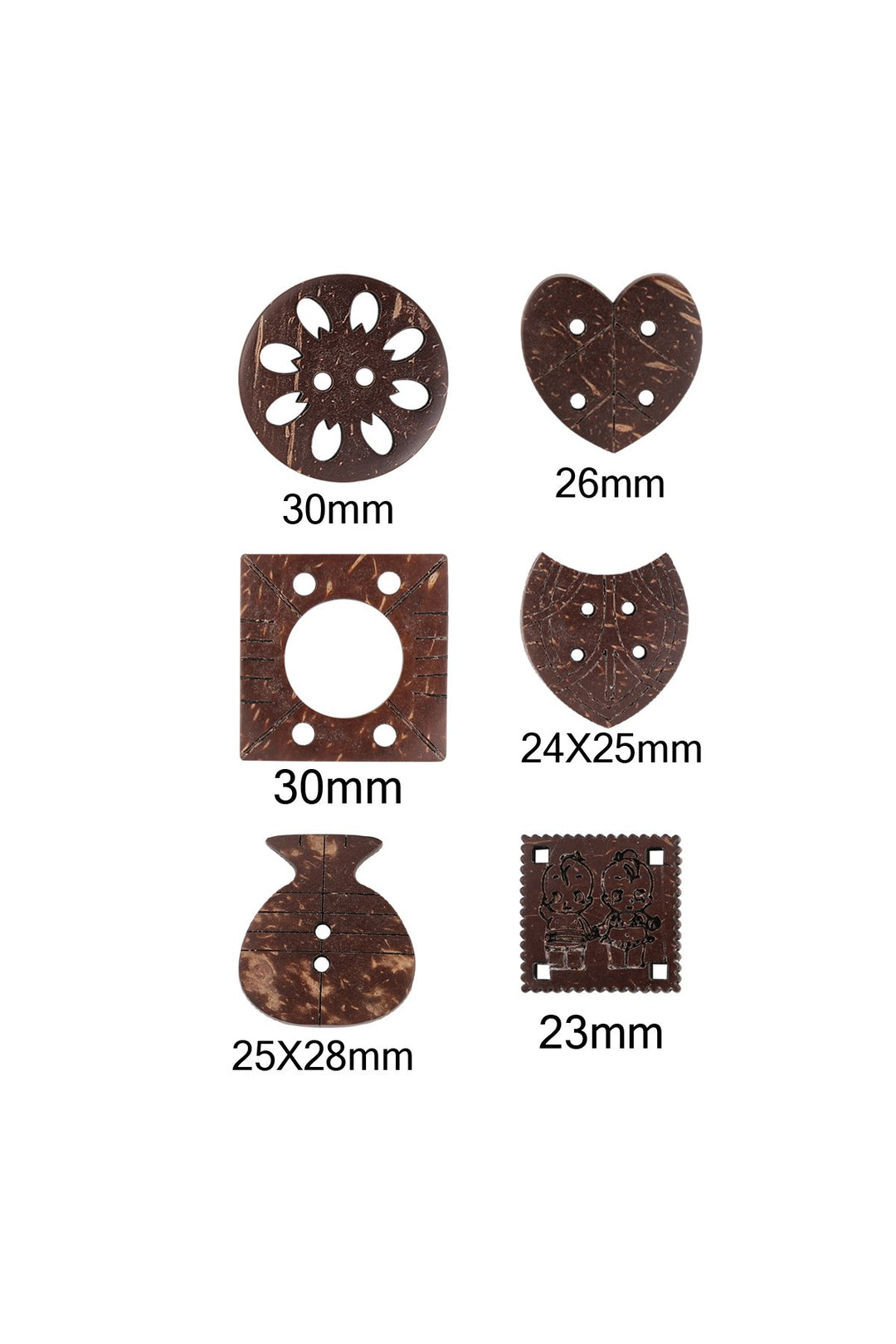 Decorative Set of 6 Combination Different Shapes Brown Coco Buttons