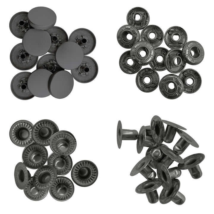 Standard-Quality Matte Dark Grey 4-Part Metal Snap Buttons for Leather, Jackets, DIY