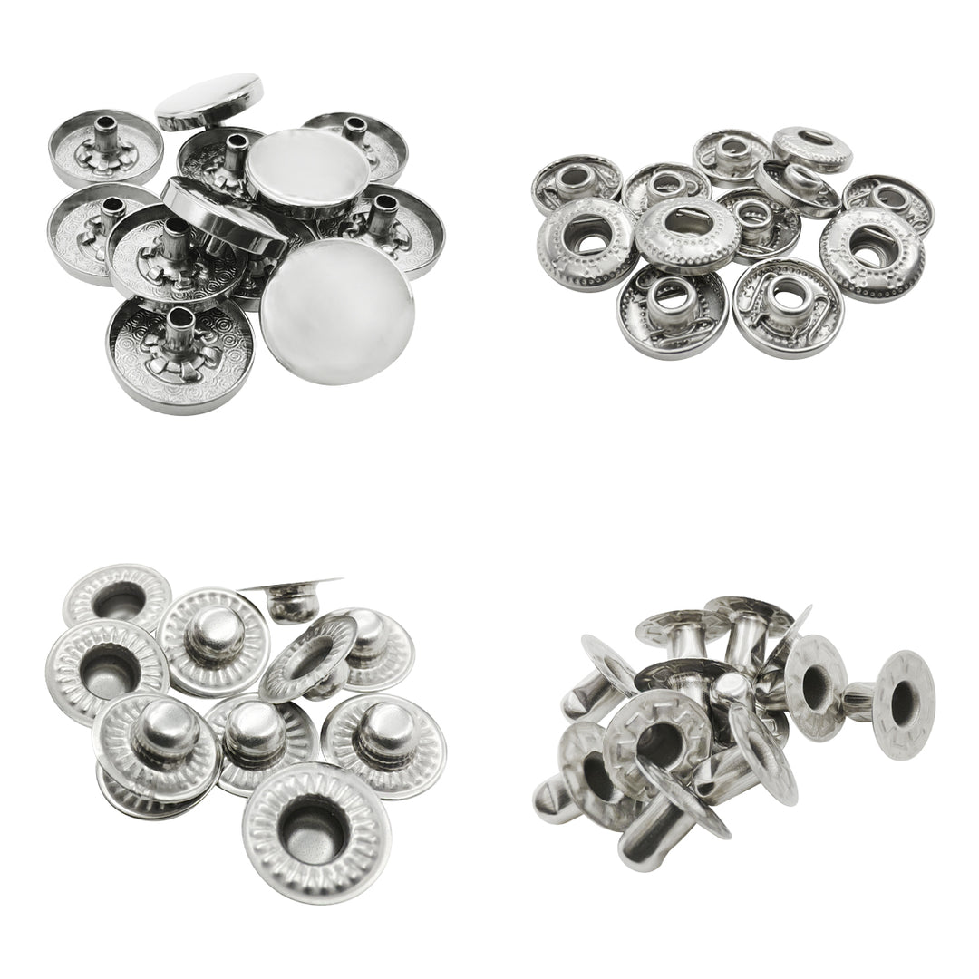 Standard-Quality Shiny Silver 4-Part Metal Snap Buttons for Leather, Jackets, DIY