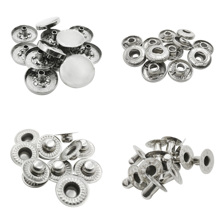 Standard-Quality Shiny Silver 4-Part Metal Snap Buttons for Leather, Jackets, DIY