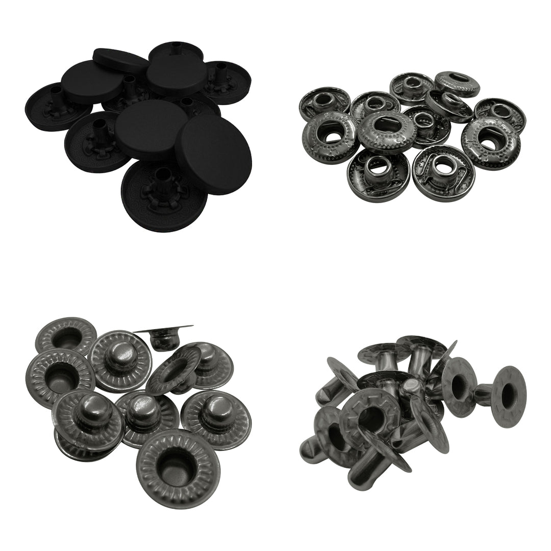 Standard-Quality Matte Black 4-Part Metal Snap Buttons for Leather, Jackets, DIY