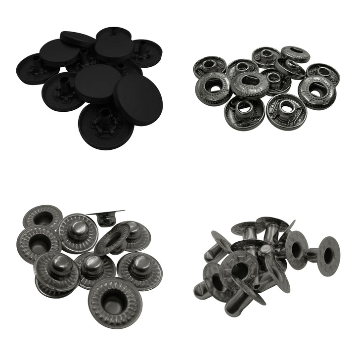 Standard-Quality Matte Black 4-Part Metal Snap Buttons for Leather, Jackets, DIY