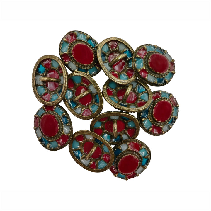 Superlative Vintage Style Antique Metal Buttons with Multicolor Enamel Inlay