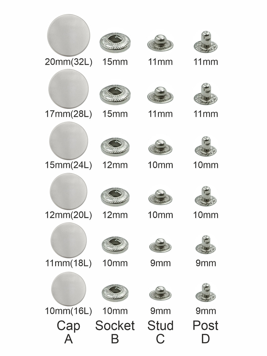 Standard-Quality Matte Silver 4-Part Metal Snap Buttons for Leather, Jackets, DIY