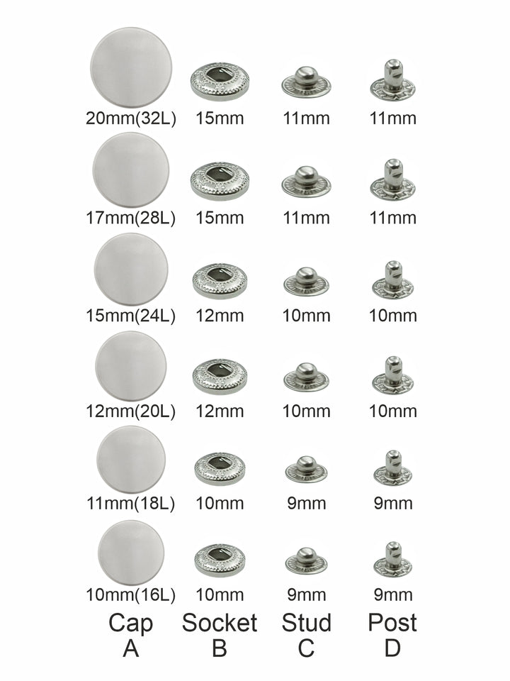 Standard-Quality Matte Silver 4-Part Metal Snap Buttons for Leather, Jackets, DIY