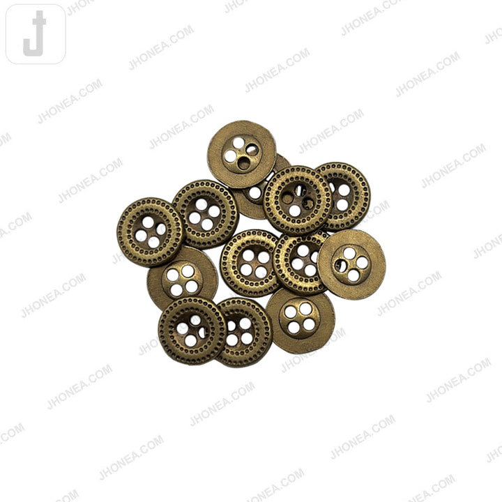 11mm decorative 4-hole round metal button with engraved edge in brass finish