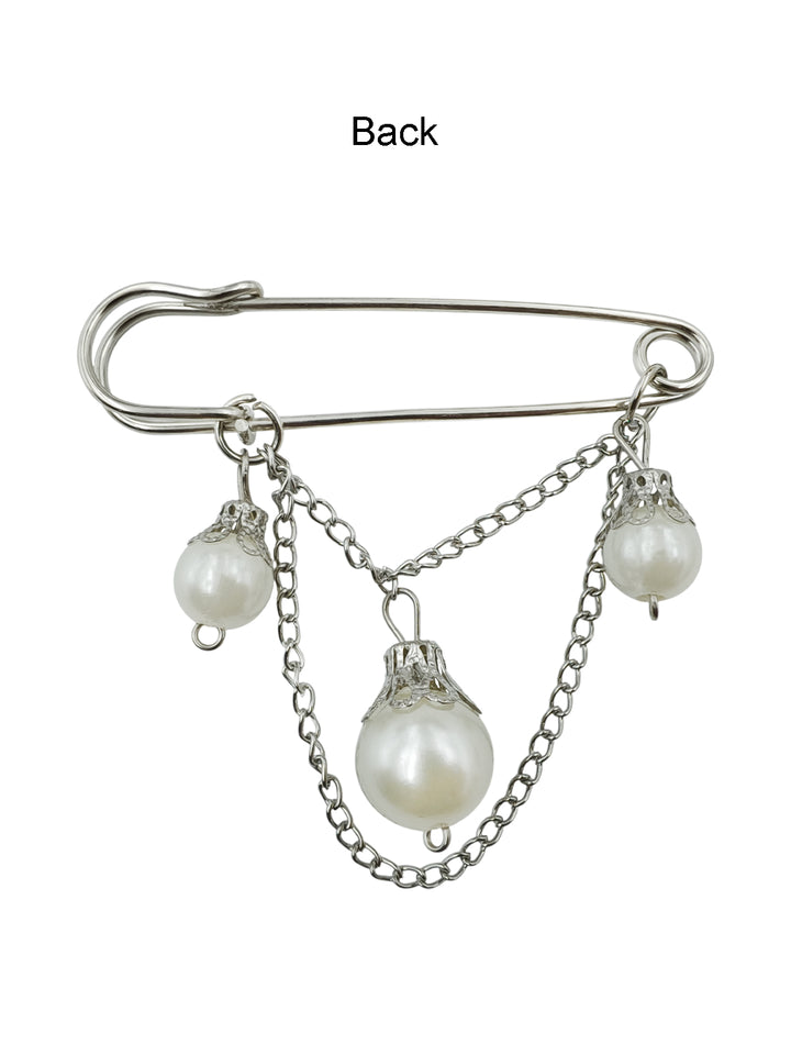 Elegant Silver Finish Pearl Drop Chain Brooch Pin