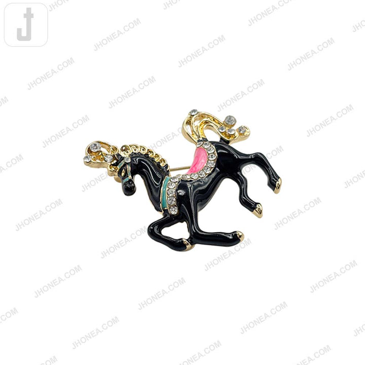 Elegant Black Enamel Diamond Horse Brooch Pin
