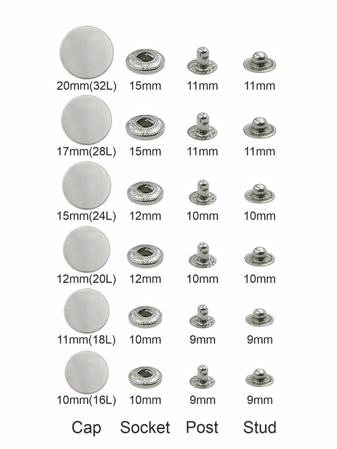 Standard-Quality Matte Silver 4-Part Metal Snap Buttons for Leather, Jackets, DIY