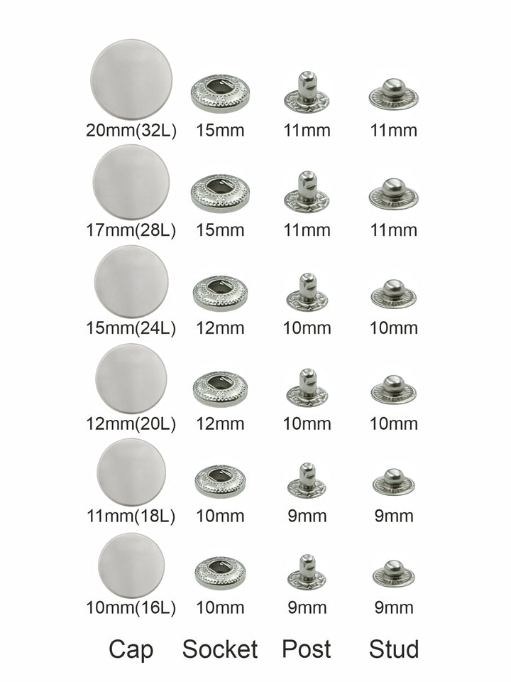 Standard-Quality Matte Silver 4-Part Metal Snap Buttons for Leather, Jackets, DIY