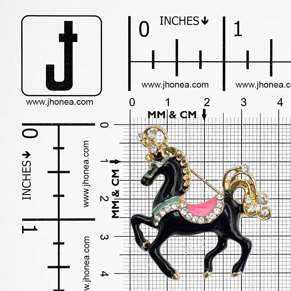 Elegant Black Enamel Diamond Horse Brooch Pin
