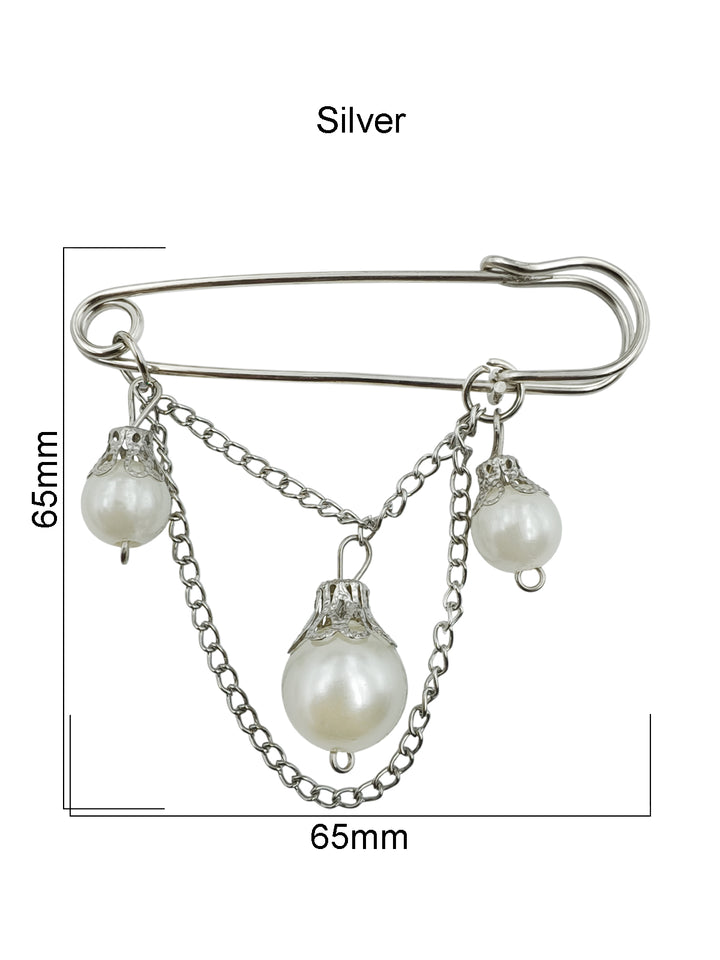 Elegant Silver Finish Pearl Drop Chain Brooch Pin