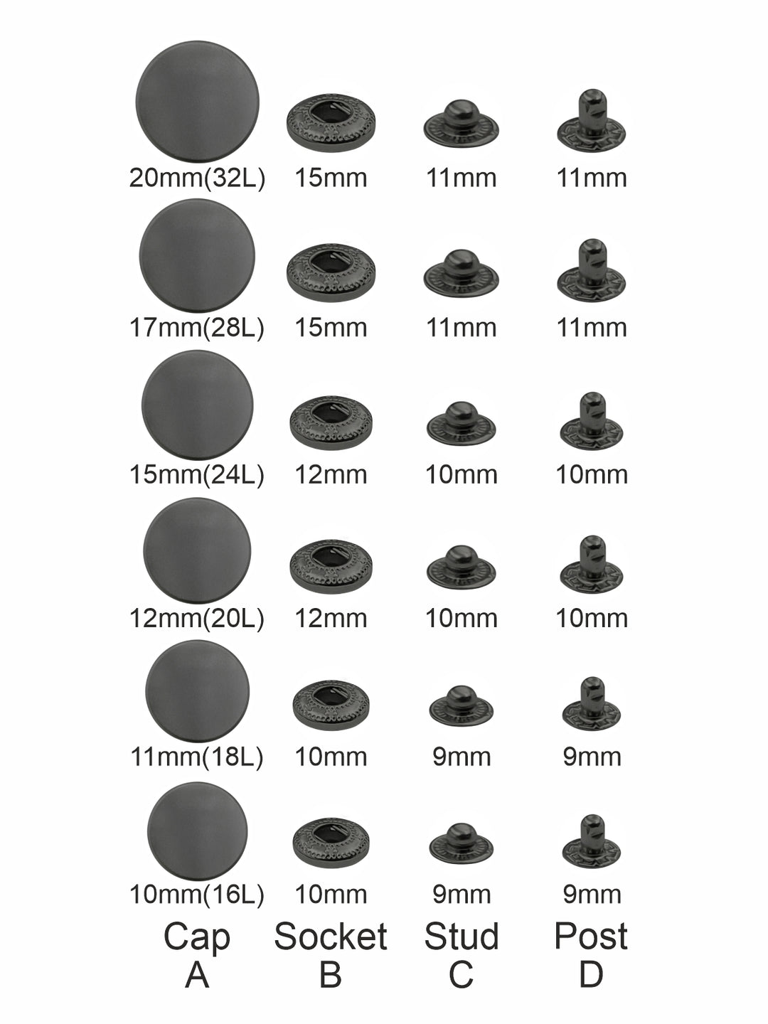 Standard-Quality Matte Dark Grey 4-Part Metal Snap Buttons for Leather, Jackets, DIY