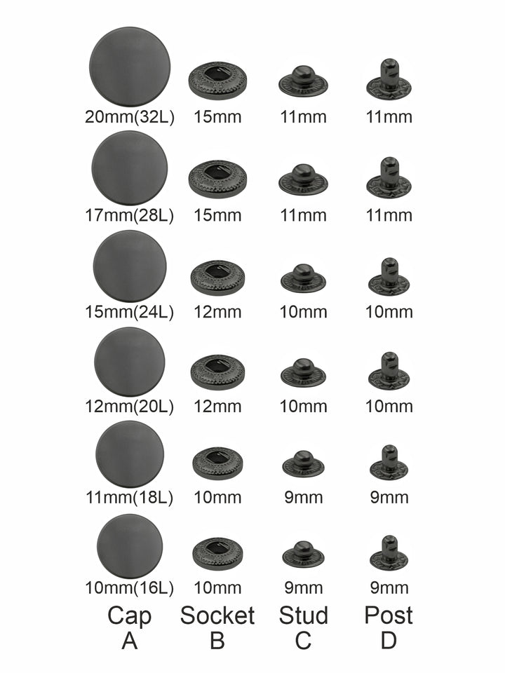 Standard-Quality Matte Dark Grey 4-Part Metal Snap Buttons for Leather, Jackets, DIY