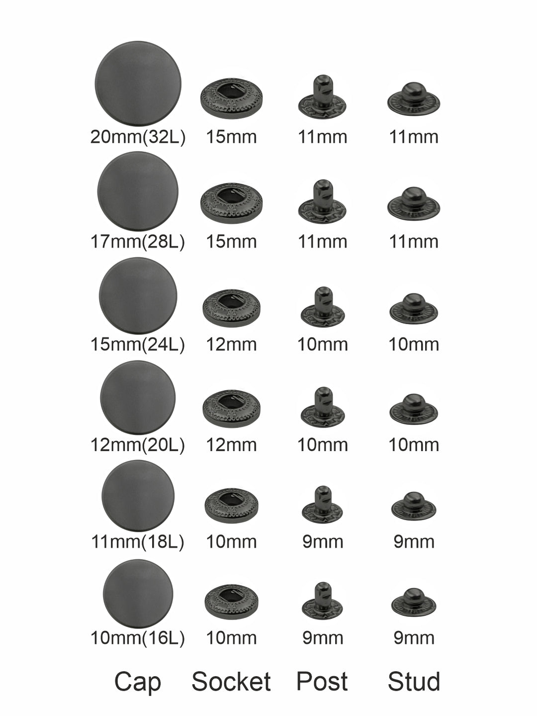 Standard-Quality Matte Dark Grey 4-Part Metal Snap Buttons for Leather, Jackets, DIY