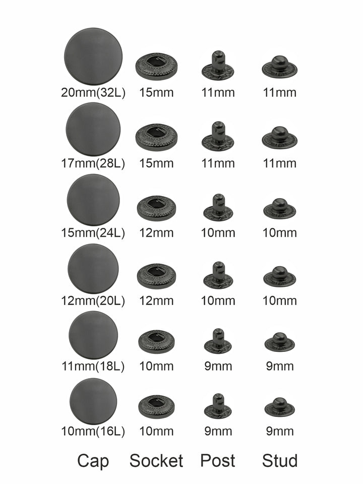 Standard-Quality Matte Dark Grey 4-Part Metal Snap Buttons for Leather, Jackets, DIY