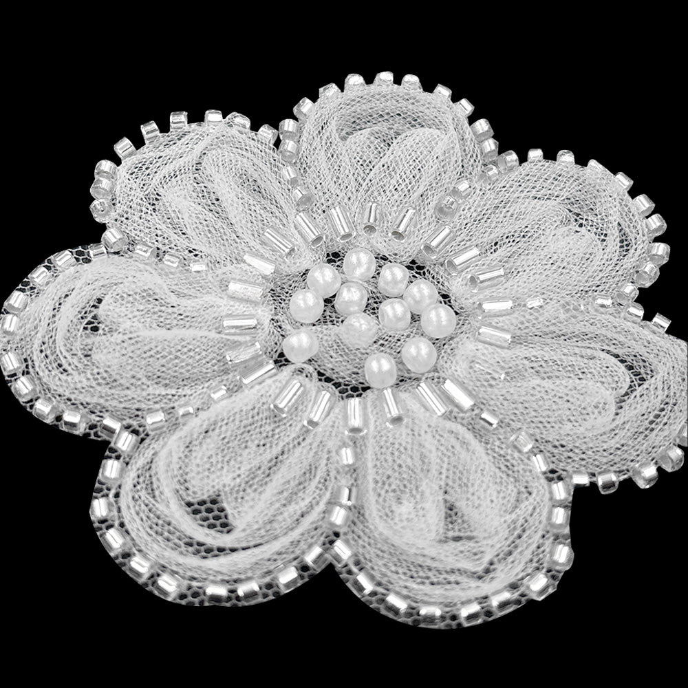 Exquisite Dyeable Mesh Beaded Flower Lace Applique for Dresses & Bridal Wear