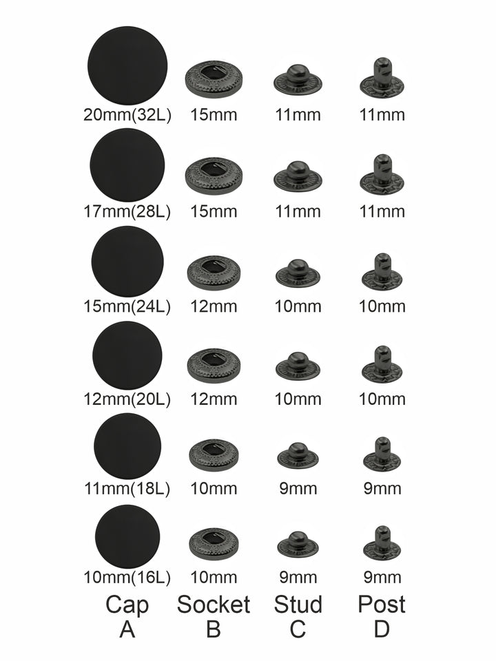 Standard-Quality Matte Black 4-Part Metal Snap Buttons for Leather, Jackets, DIY