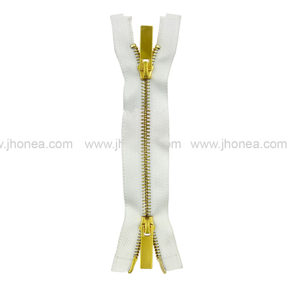 Stylish #5 Two-Way Metal Zipper for Jackets & Dresses. Dark Gold with White