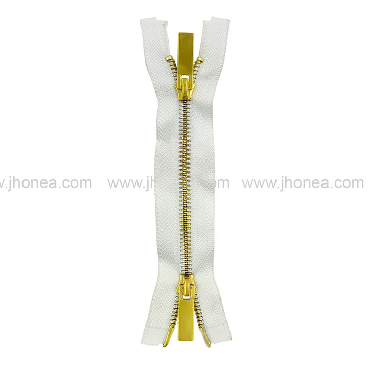 Stylish #5 Two-Way Metal Zipper for Jackets & Dresses. Dark Gold with White