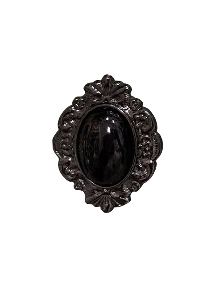 Vintage Shiny Black Nickel Engraved Frame with Black Beaded Brooch Pin