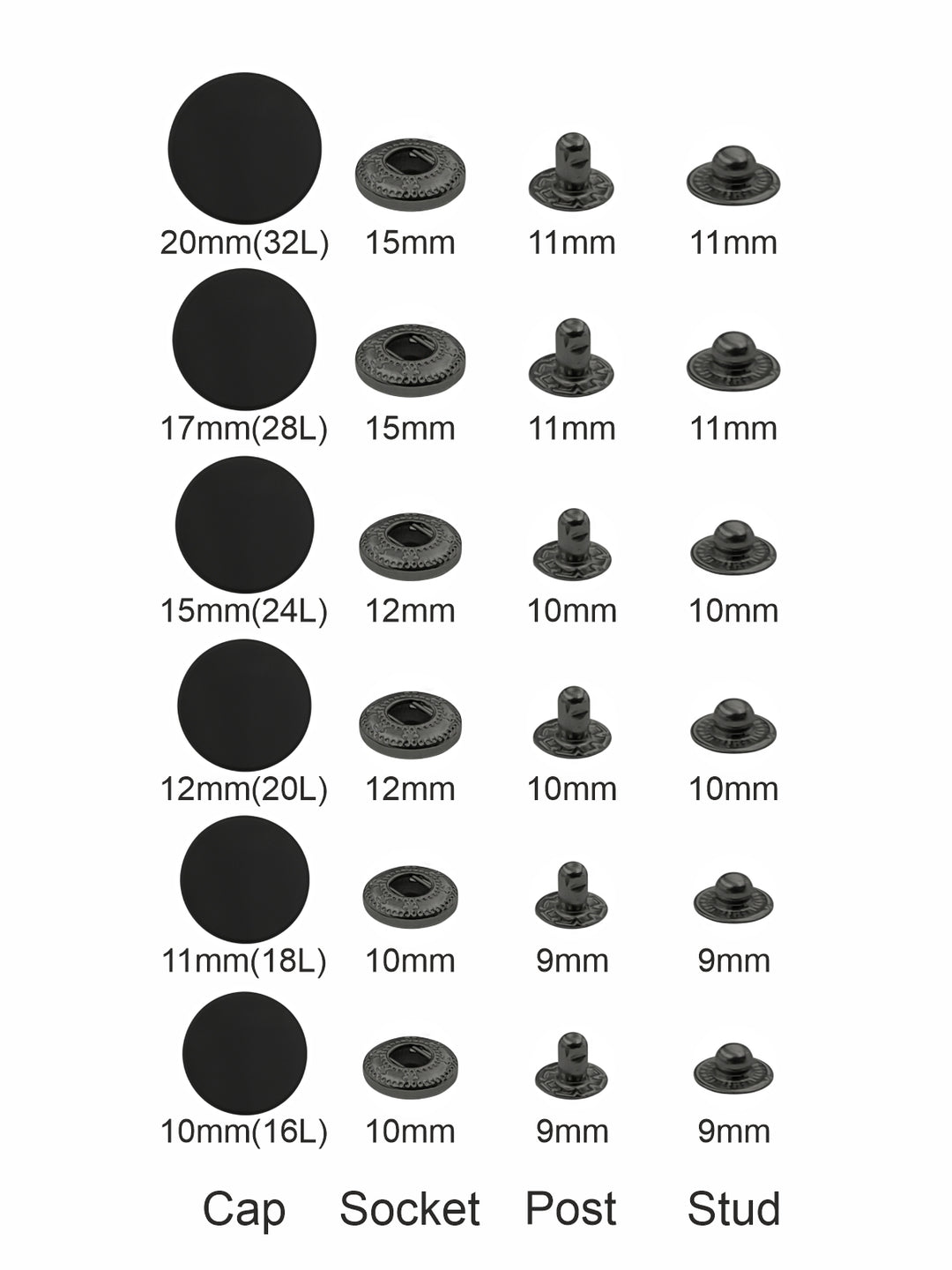 Standard-Quality Matte Black 4-Part Metal Snap Buttons for Leather, Jackets, DIY