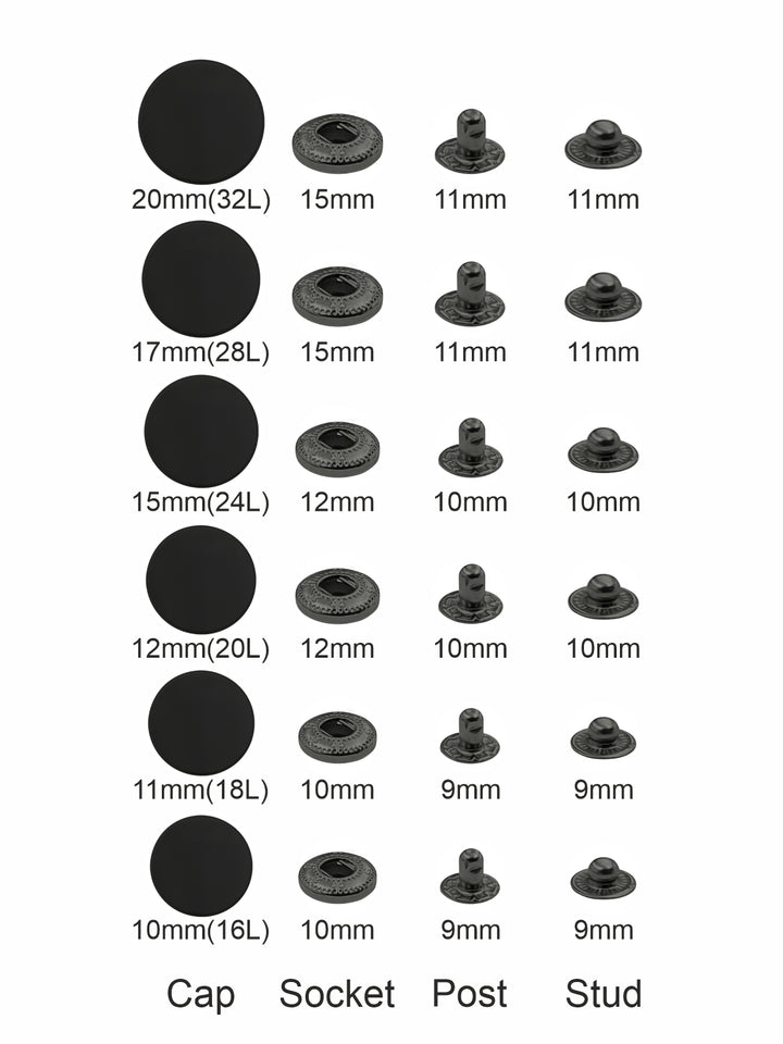 Standard-Quality Matte Black 4-Part Metal Snap Buttons for Leather, Jackets, DIY